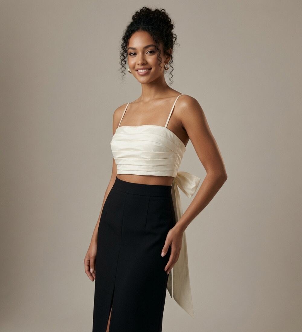 Lucy In The Sky Ivory White Pleated Tie Back Bandeau Top Women XXS